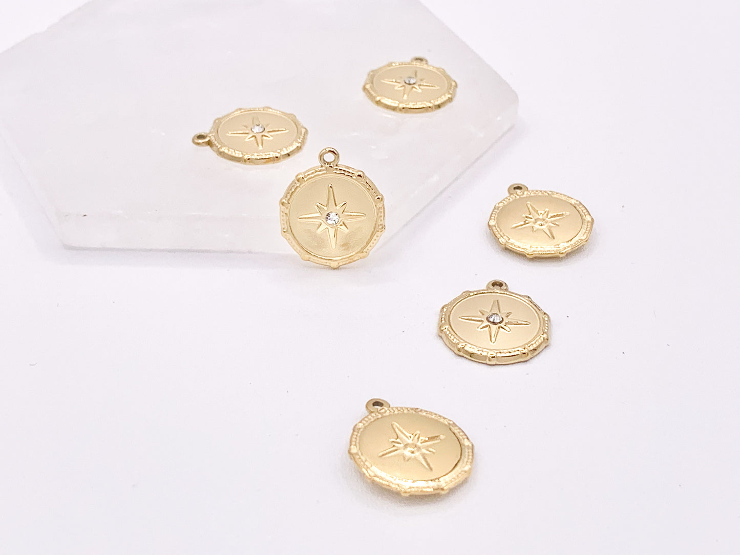 Charming Starburst Coin Circle Charms with CZ Pave in 18K Gold plated Copper 10pcs