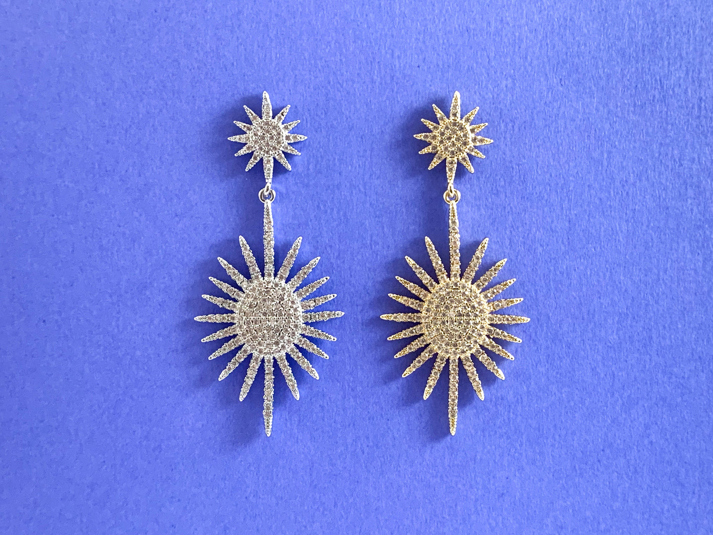 Real 18K Gold/Platinum Plated Full CZ Pave Sunburst Starburst Dangle Earring Over Copper 1pair