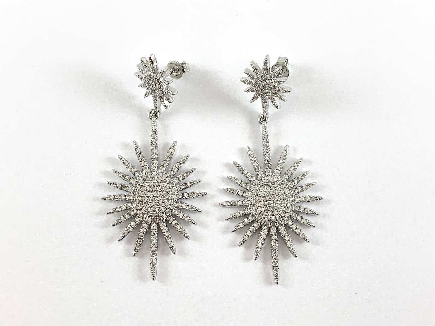 Real 18K Gold/Platinum Plated Full CZ Pave Sunburst Starburst Dangle Earring Over Copper 1pair
