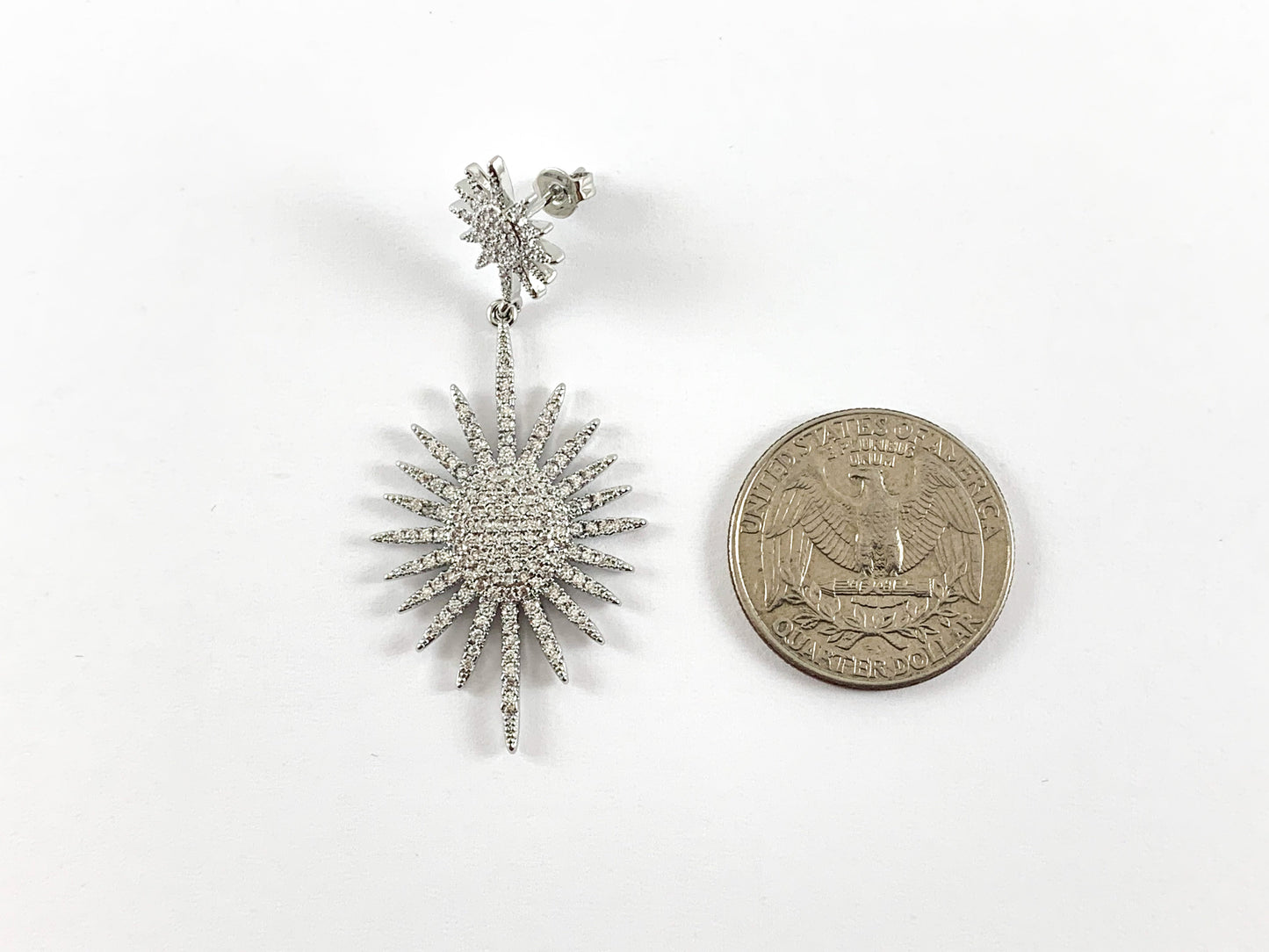 Real 18K Gold/Platinum Plated Full CZ Pave Sunburst Starburst Dangle Earring Over Copper 1pair
