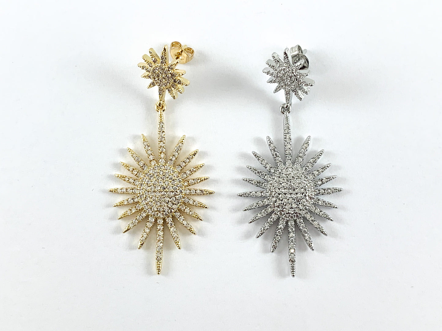 Real 18K Gold/Platinum Plated Full CZ Pave Sunburst Starburst Dangle Earring Over Copper 1pair