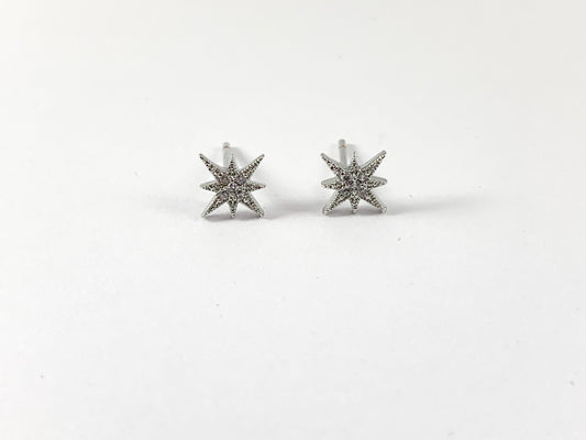 Real 18K Gold/Platinum Plated Pave Starburst Tiny Earring Stud Over Copper 5 pairs