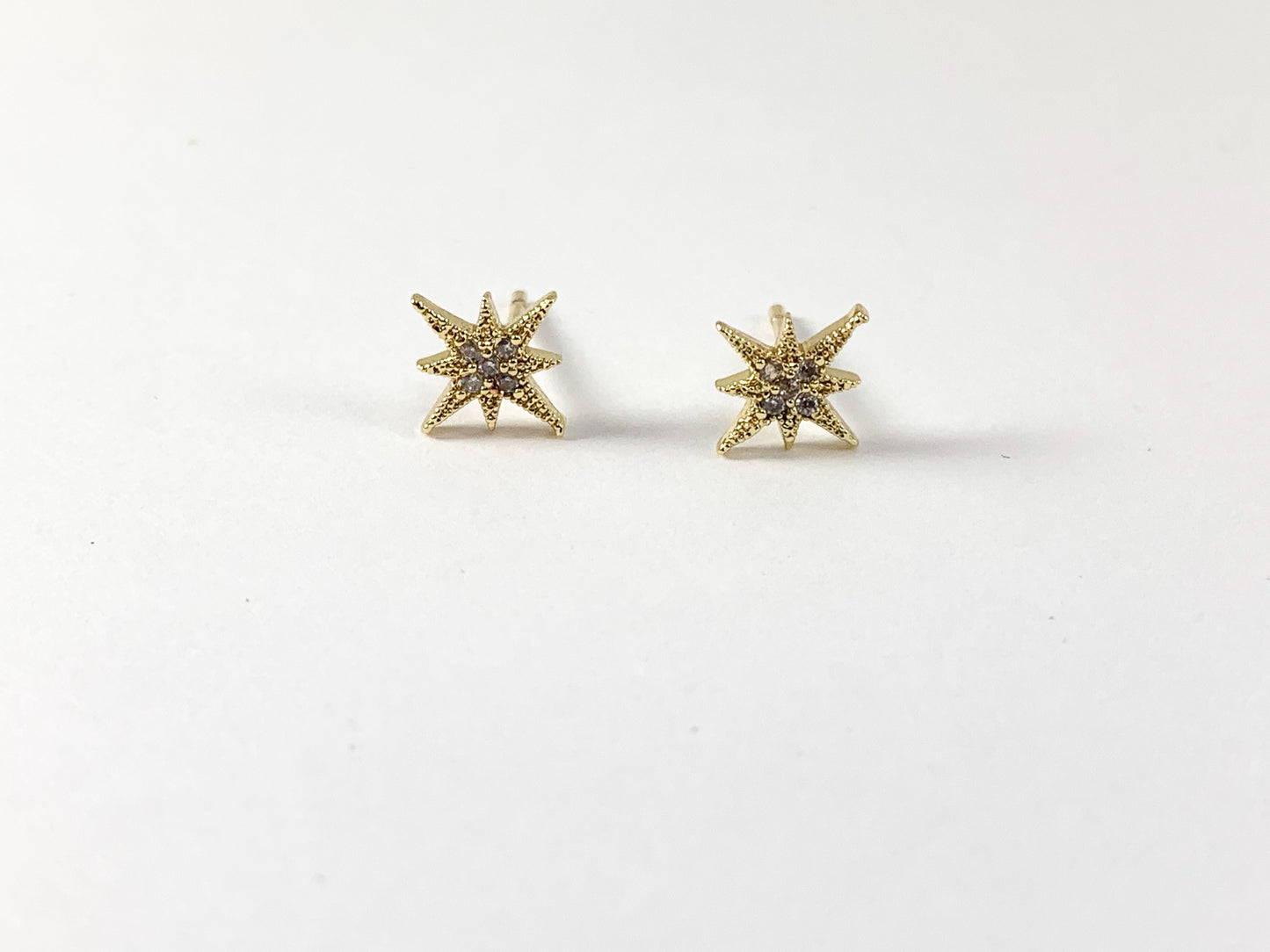 Real 18K Gold/Platinum Plated Pave Starburst Tiny Earring Stud Over Copper 5 pairs