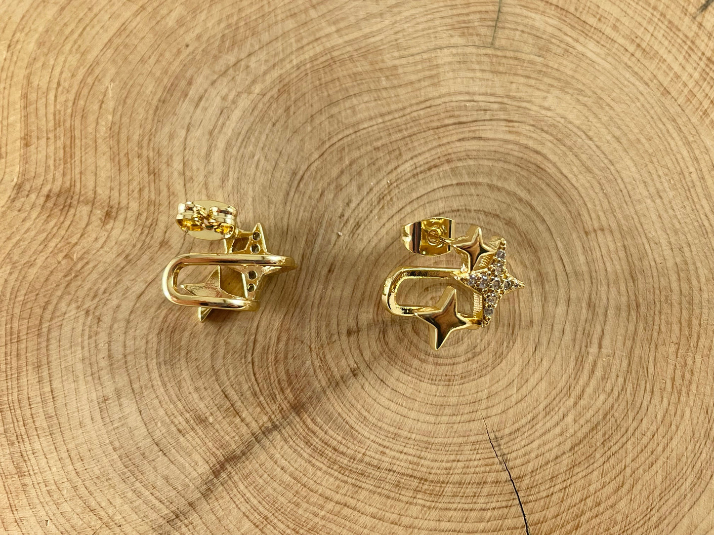 Real 18K Gold Plated CZ Pave Triple Stars Earring Studs Cuff Over Copper 4 pairs