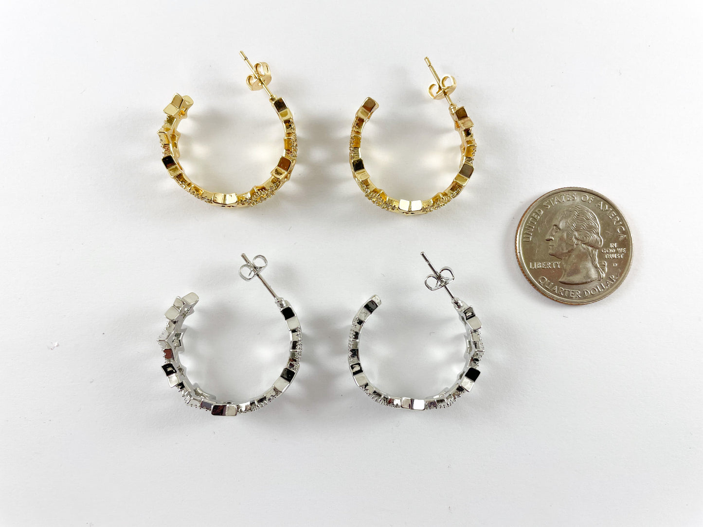 18K Gold and Platinum Plated Cubic Zirconia Star Earring Hoop Over Copper 2 pairs