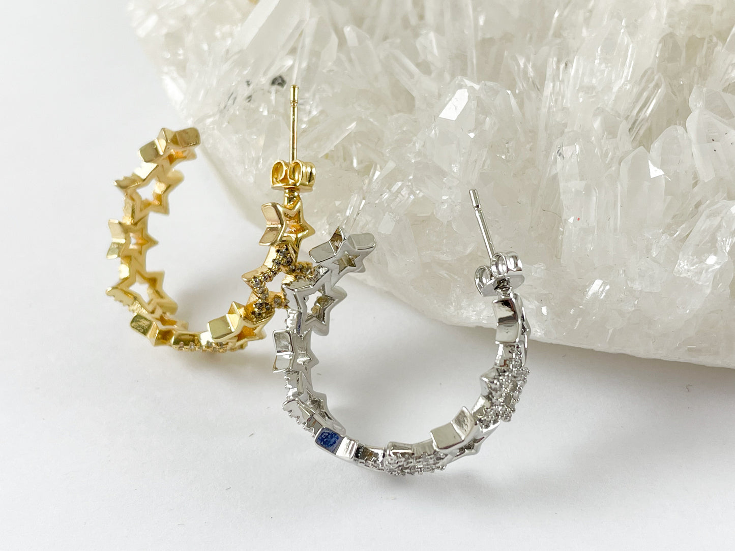 18K Gold and Platinum Plated Cubic Zirconia Star Earring Hoop Over Copper 2 pairs