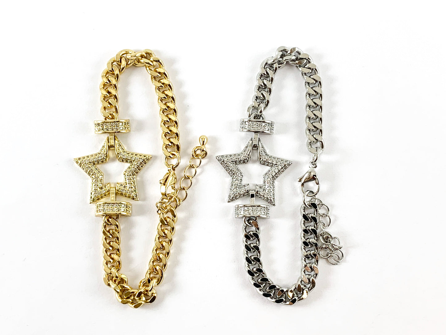 18K Gold Plated/Platinum Plated CZ Pave Star Bracelet with Extender 1pc