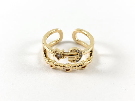 Real 18K Gold and Platinum Plated CZ Pave Adjustable Star Moon Crescent Ring 4pcs