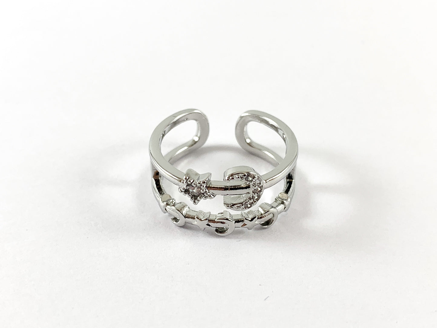 Real 18K Gold and Platinum Plated CZ Pave Adjustable Star Moon Crescent Ring 4pcs
