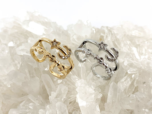 Real 18K Gold and Platinum Plated CZ Pave Adjustable Star Moon Crescent Ring 4pcs