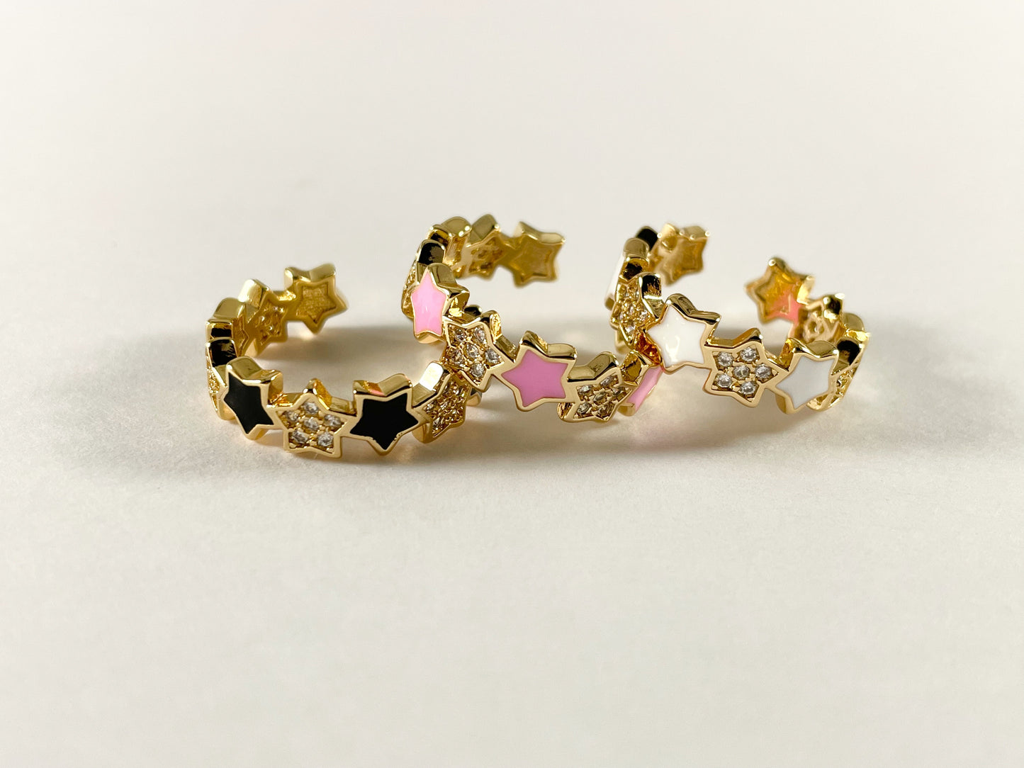 Enamel Stars Black Pink White 18K Gold Plated Copper CZ Pave Adjustable Ring 4pcs