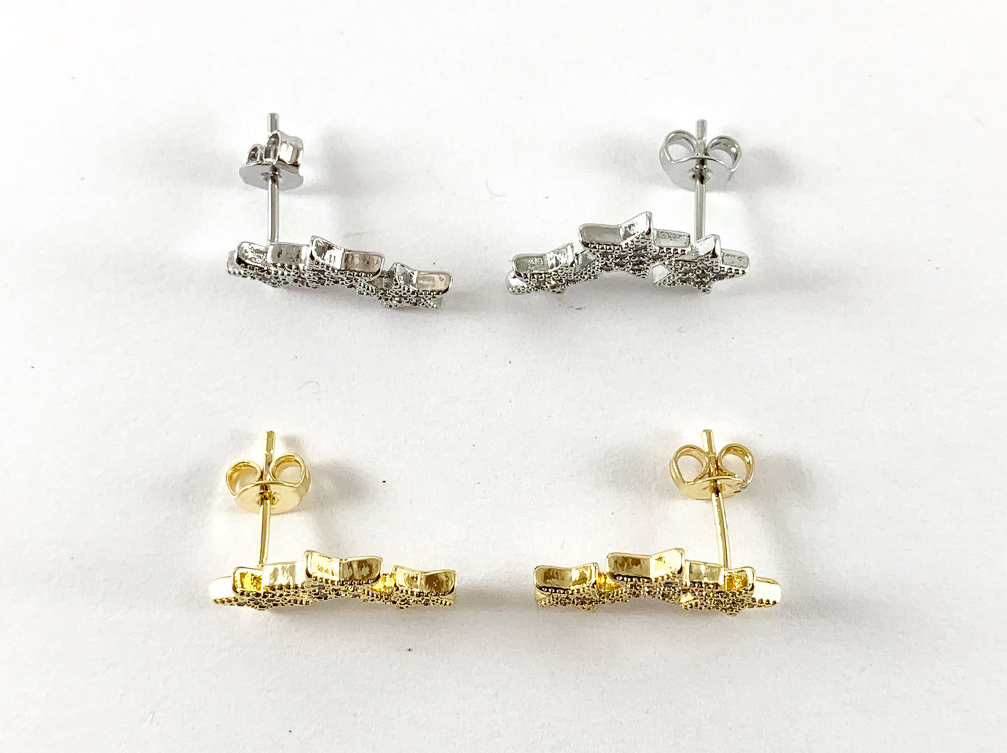 Real 18K Gold/Platinum Plated CZ Pave Triple Star Earring Stud Over Copper 3 pairs