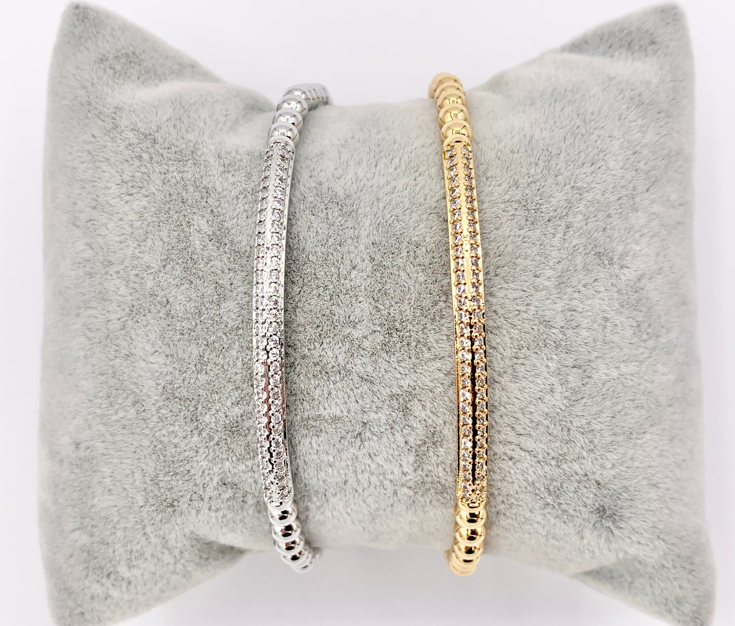 Dainty Stretch Flexible Beaded Rhinestone Bar Bracelet Cuffs in Real Gold/Platinum 18K Plated Copper 2 pcs