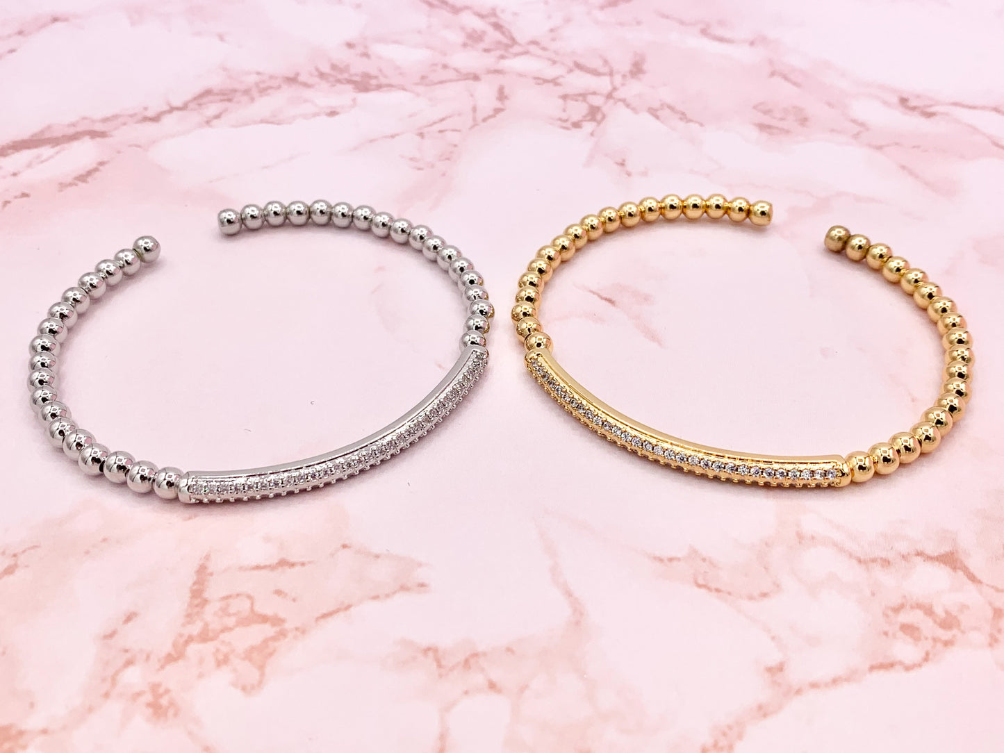 Dainty Stretch Flexible Beaded Rhinestone Bar Bracelet Cuffs in Real Gold/Platinum 18K Plated Copper 2 pcs