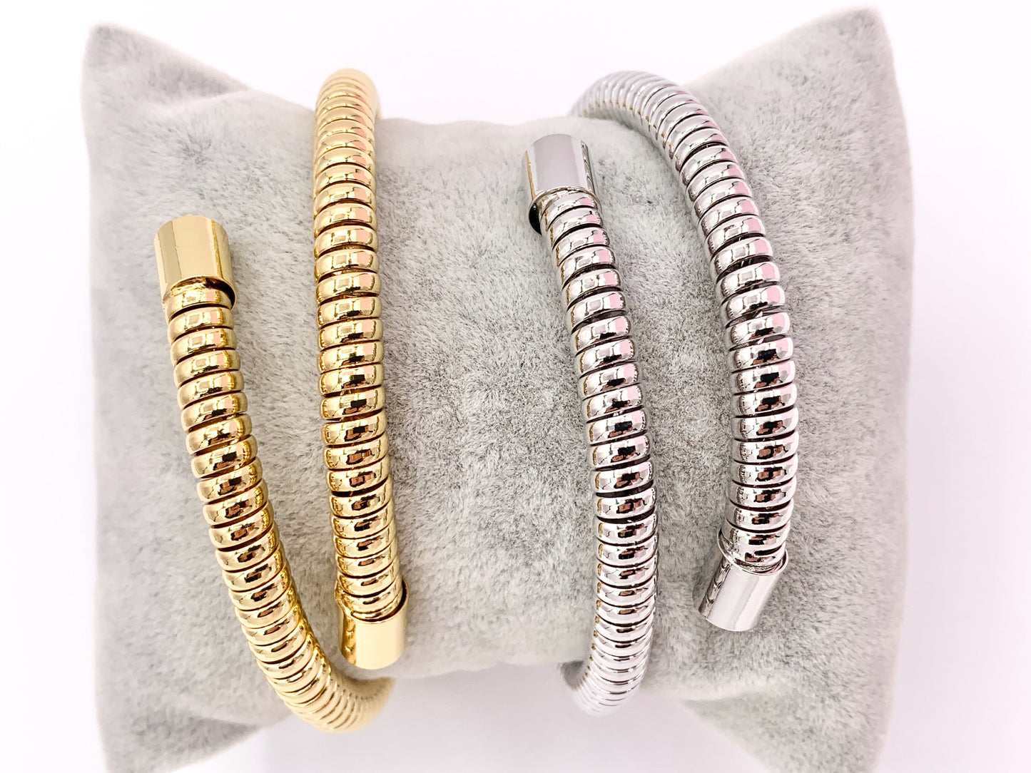 Stretch Coil Elegant Bypass Wrap Bracelet Cuffs in Real Gold/Platinum 18K Plated Copper 2 pcs