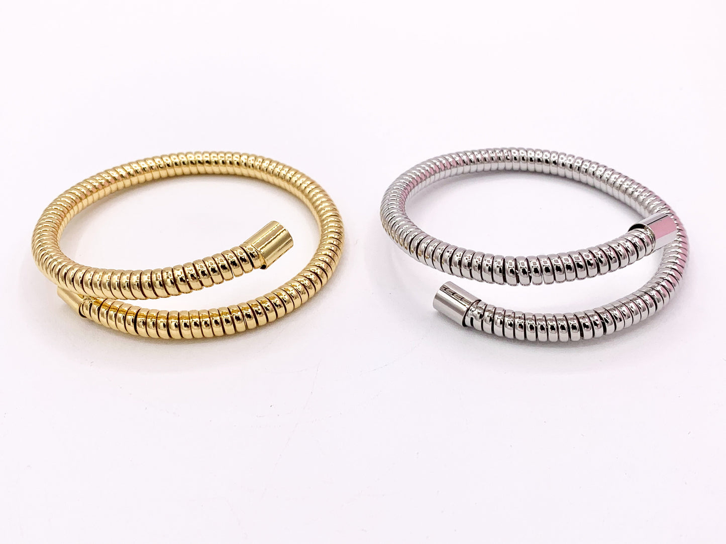 Stretch Coil Elegant Bypass Wrap Bracelet Cuffs in Real Gold/Platinum 18K Plated Copper 2 pcs
