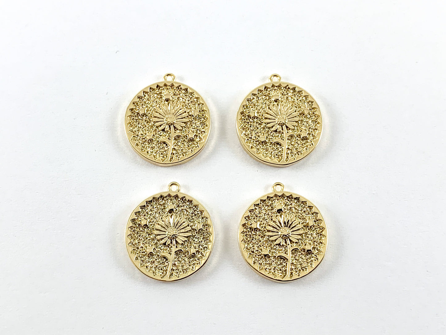 Real Gold 18K Plated Coin Daisy Floral Charm Pendant Over Brass 8pcs