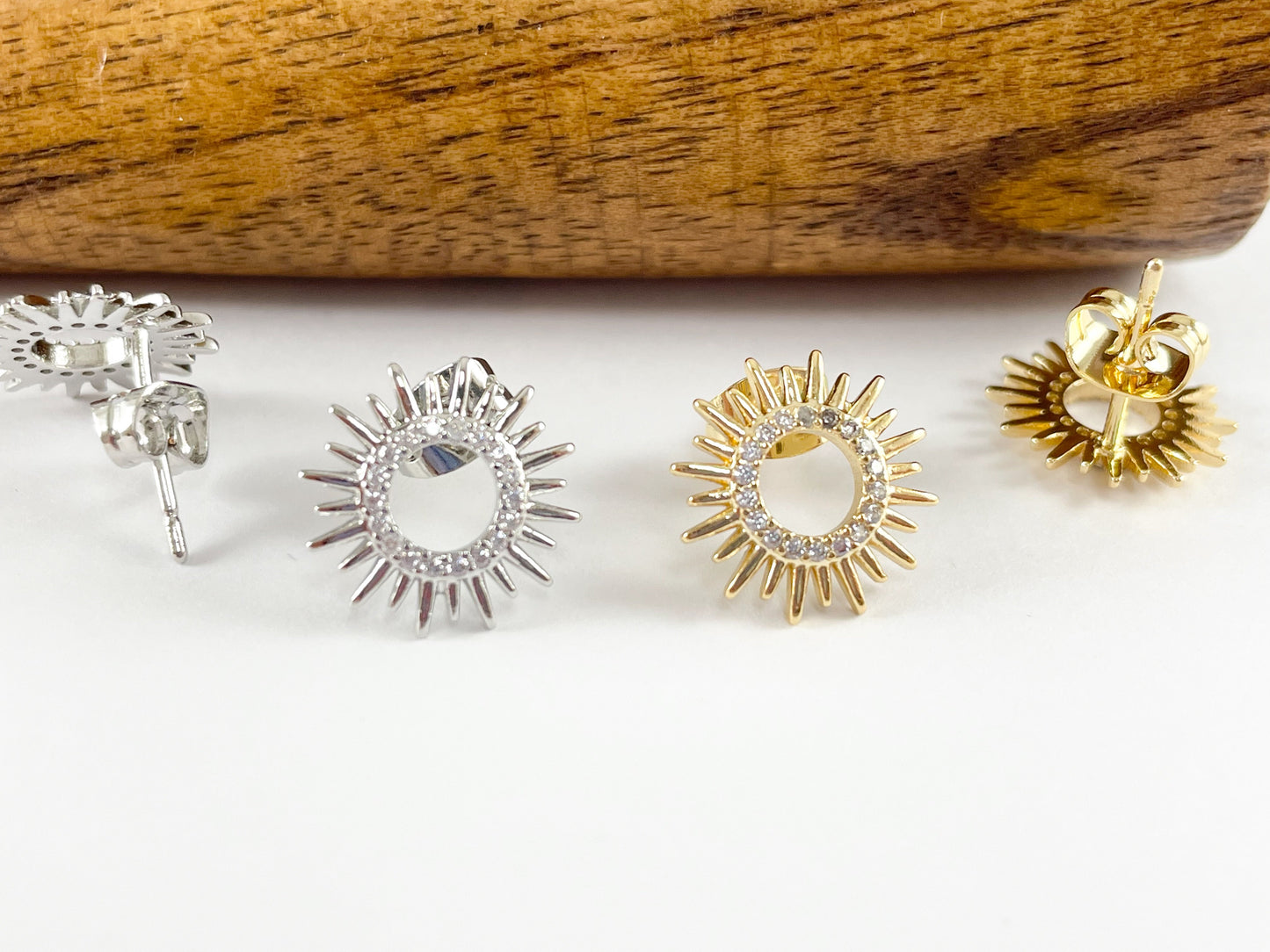 Real 18K Gold/platinum Plated CZ Pave Sunburst Sun Circle Earring Stud Over Copper 5 pairs