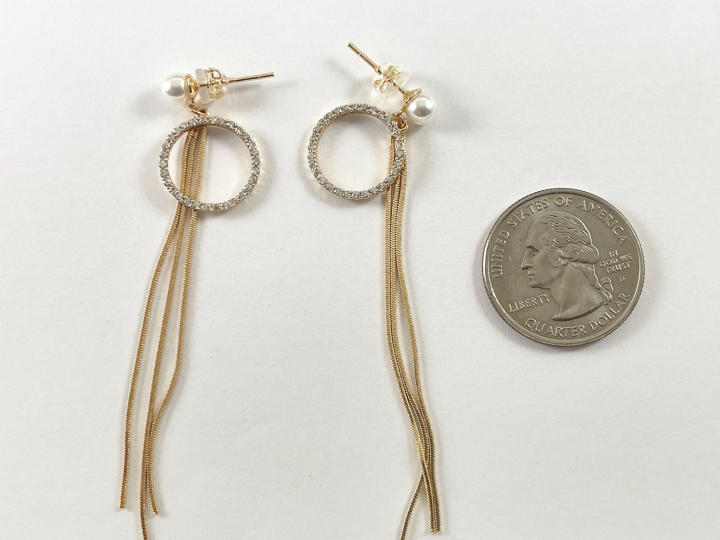 Real 18K Gold Plated Circle CZ Pave Pearl Long Dainty Tassel Earring Over Copper 3 pairs