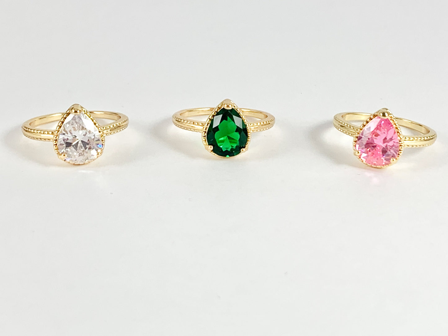 18K Gold Plated Copper Adjustable CZ Pave Green Pink Teardrop Shape Dainty Ring 5pcs