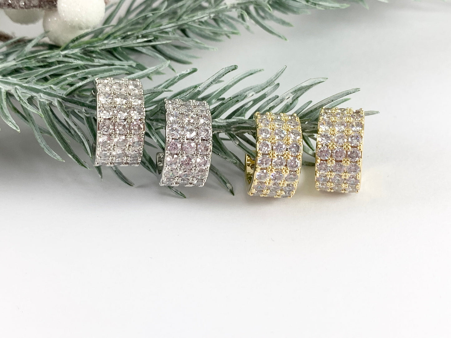 Dazzling Rhinestone Thick CZ Pave Huggie Hoop Earrings in 18K gold or Silver Plated Copper 3 pairs
