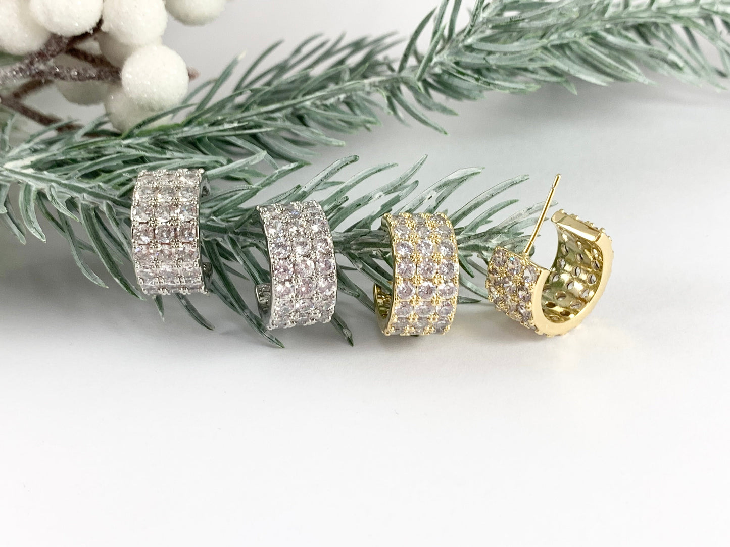 Dazzling Rhinestone Thick CZ Pave Huggie Hoop Earrings in 18K gold or Silver Plated Copper 3 pairs