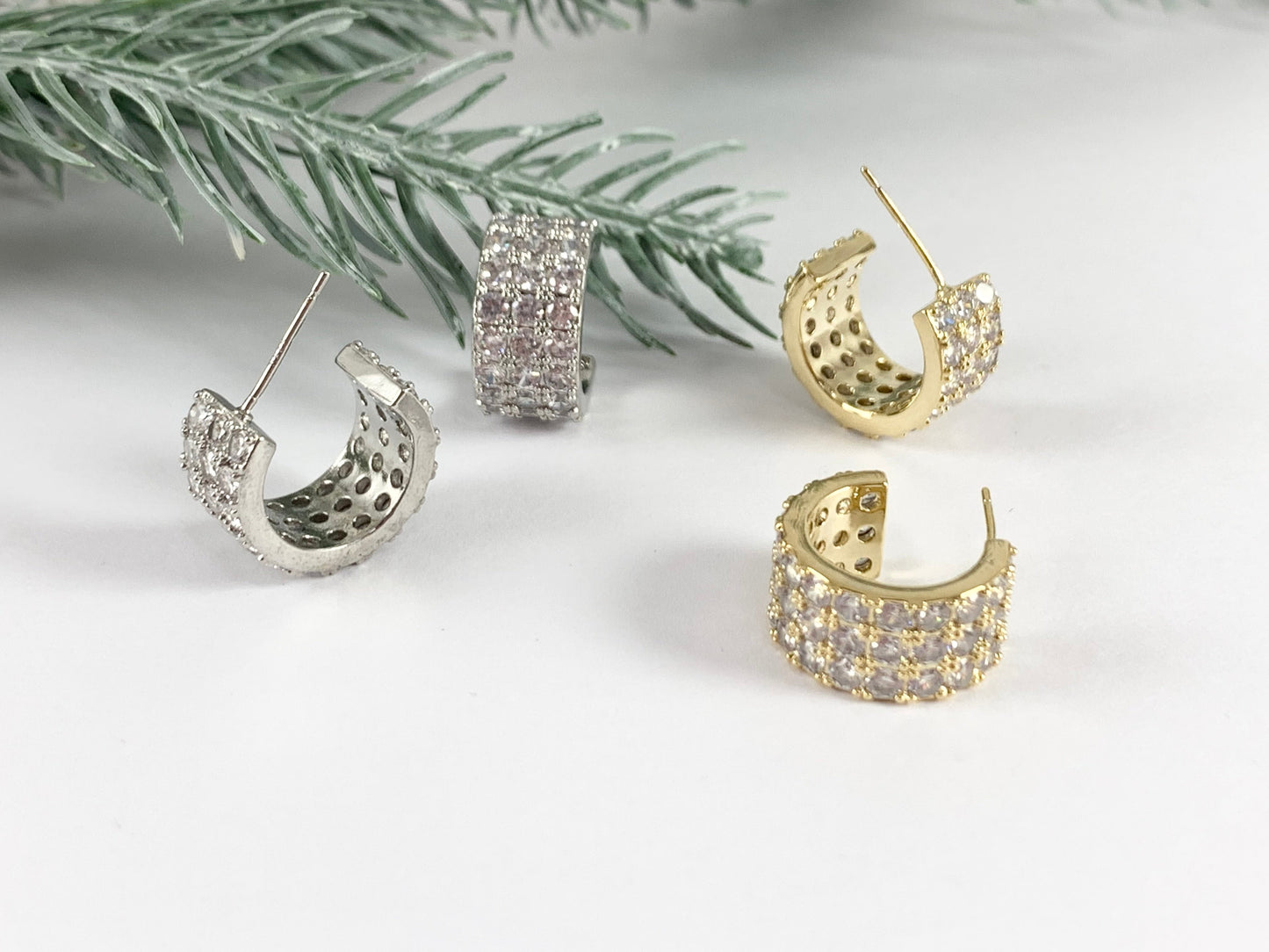 Dazzling Rhinestone Thick CZ Pave Huggie Hoop Earrings in 18K gold or Silver Plated Copper 3 pairs