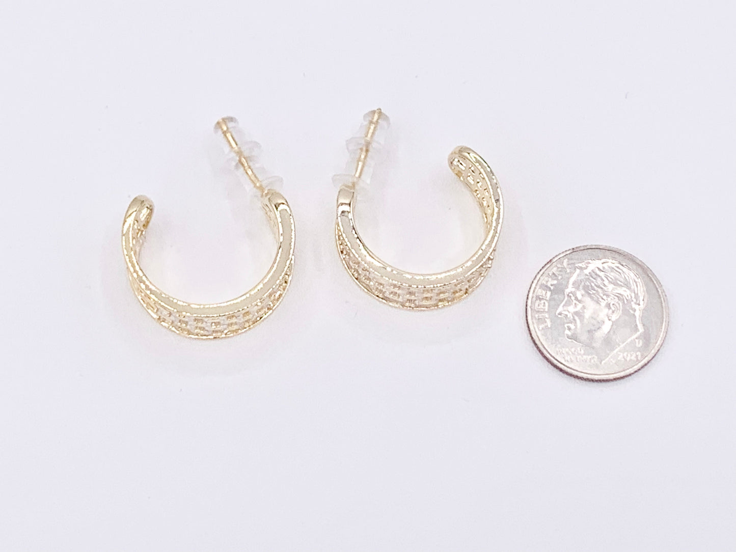 Dazzling Rhinestone Thick CZ Pave Huggie Hoop Earrings in 18K gold or Silver Plated Copper 2 pairs