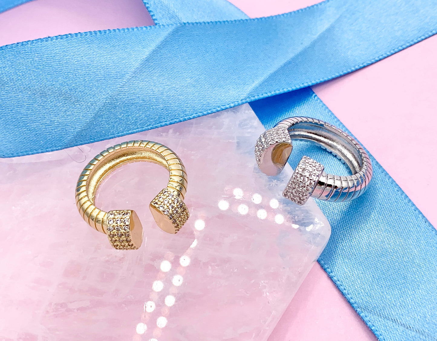 Thick Coil Cobra Open Front CZ Pave Ring in 18K Real Gold/Platinum Plated Copper 4 pcs