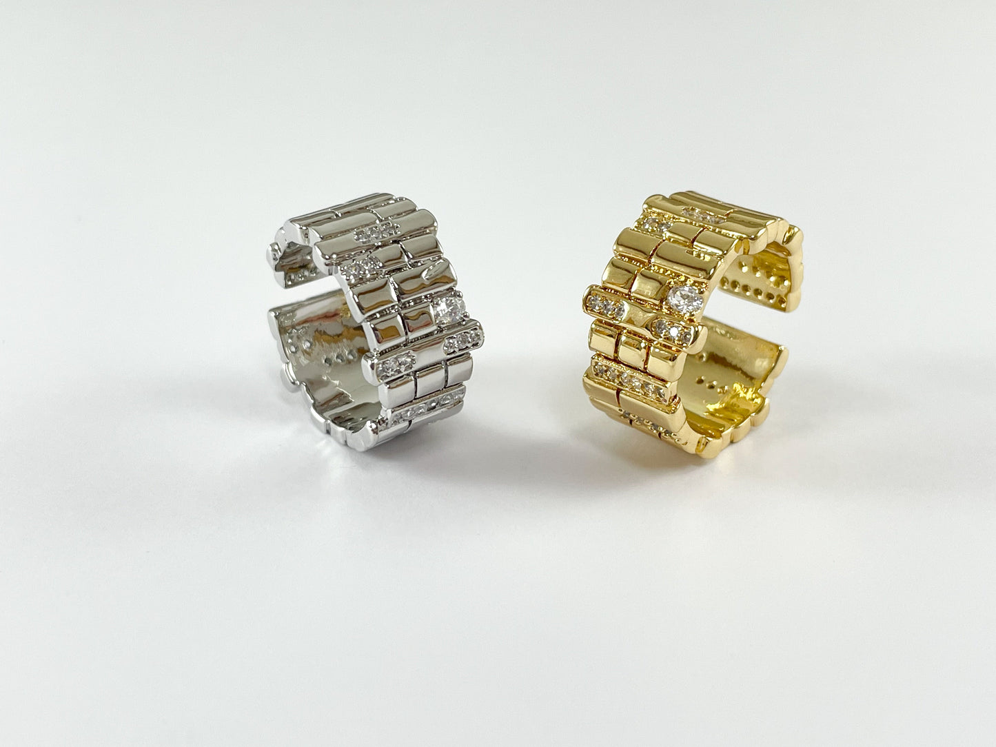 Real Gold/Platinum 18K Plated Copper CZ Pave Thick Band Adjustable Ring 4pcs