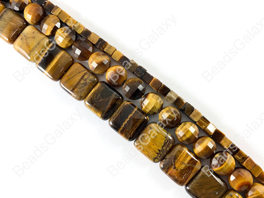 Tiger's Eye Yellow Brown 15x15mm Square 5mm Cube 10mm Coin Faceted Natural Genuine Gemstone Beads Around 14"-15"