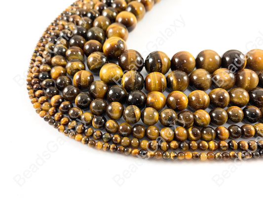 Tiger's Eye Yellow Brown Round Smooth Natural Gemstone Beads 3-14mm Around 14"-15"