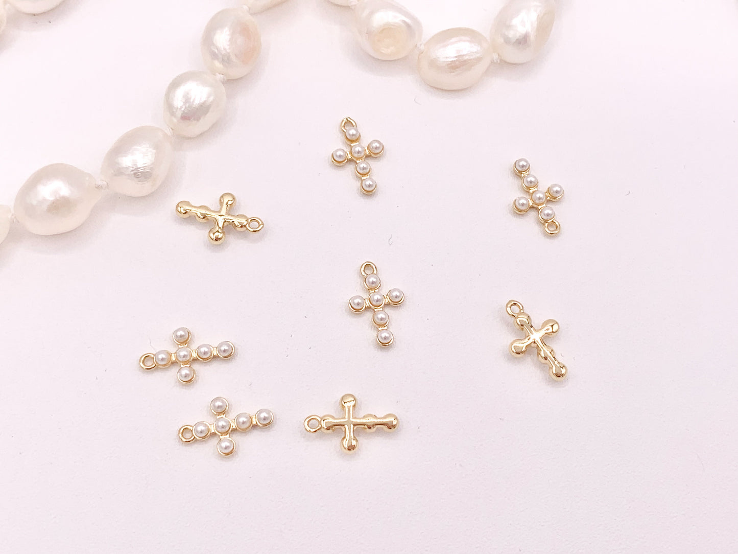 Tiny Dainty Pearl Cross Charms in Real Gold 18K Plated Over Brass 8x12mm 10 pcs