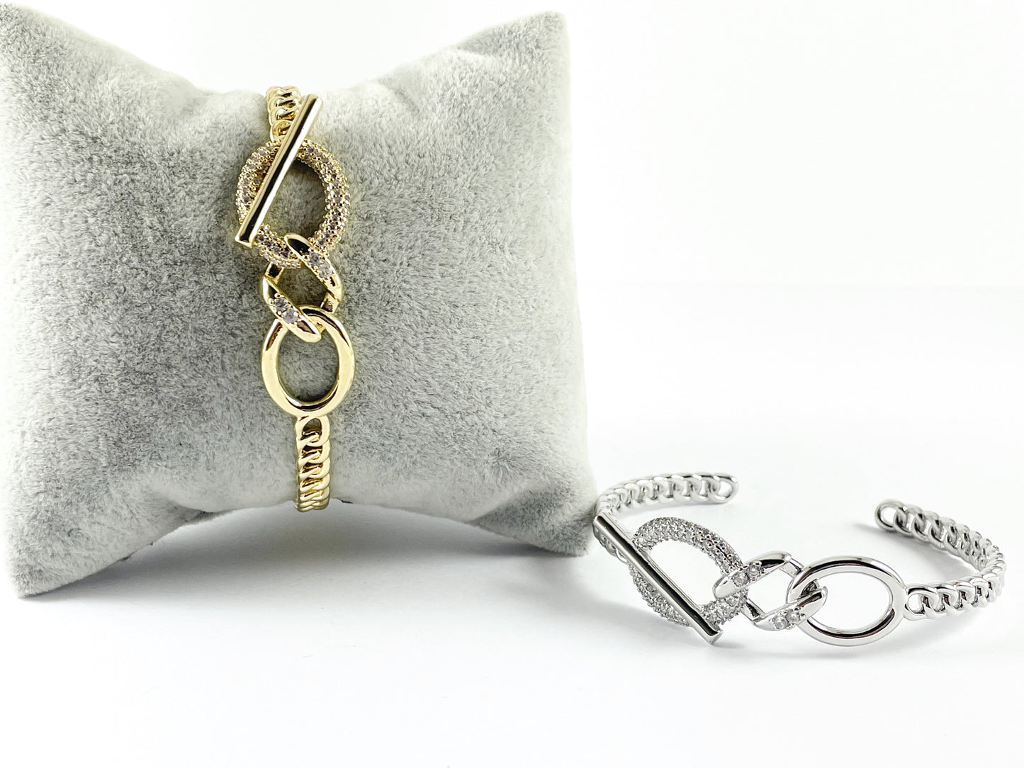 Real Gold/Platinum 18K Plated Copper CZ Pave Link Toggle Rhinestone Trendy Bracelet Cuffs 1 cuff