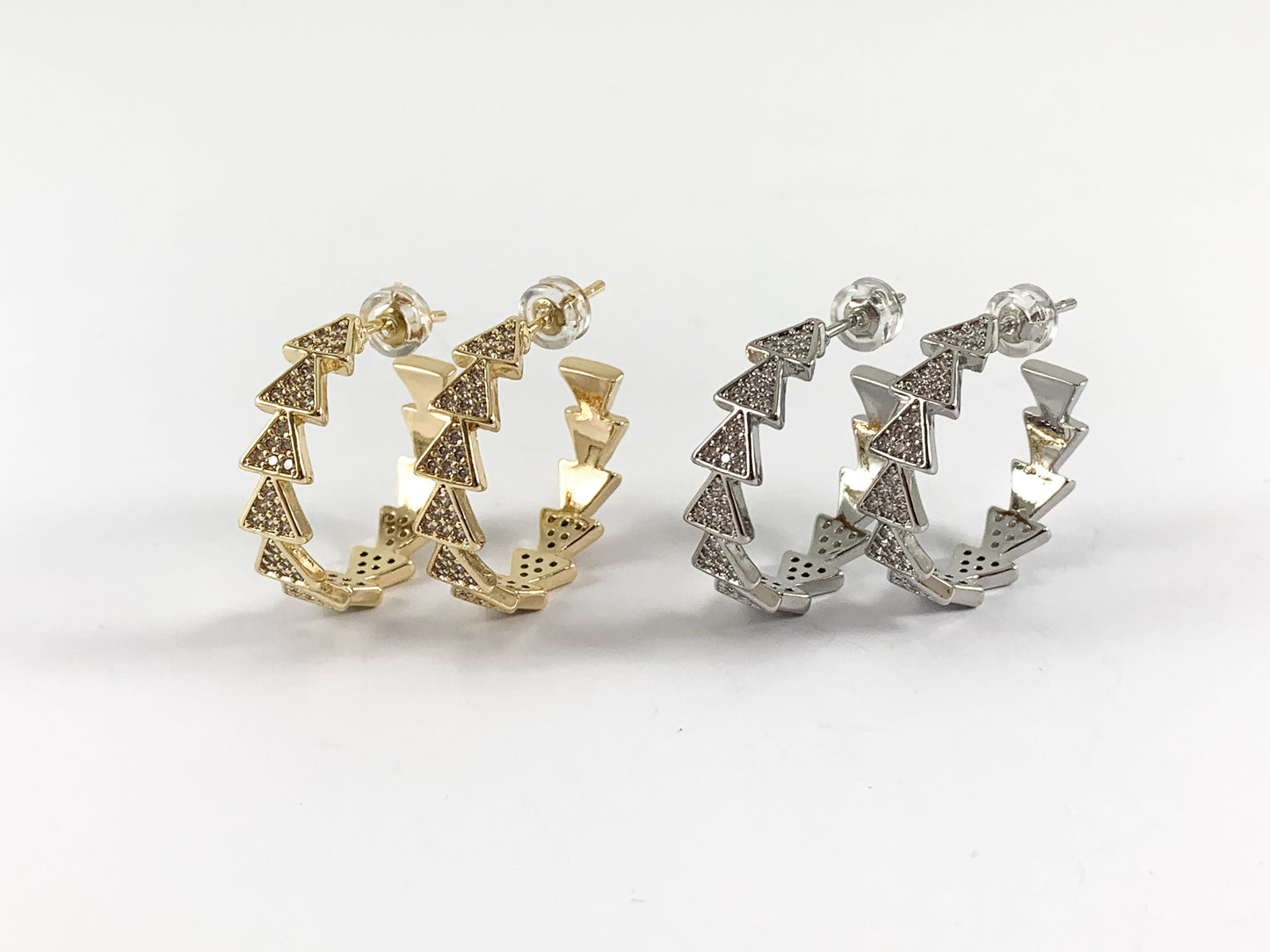 Real 18K Gold/Silver Plated CZ Pave Triangle Earring Hoop Over Copper 3 pairs