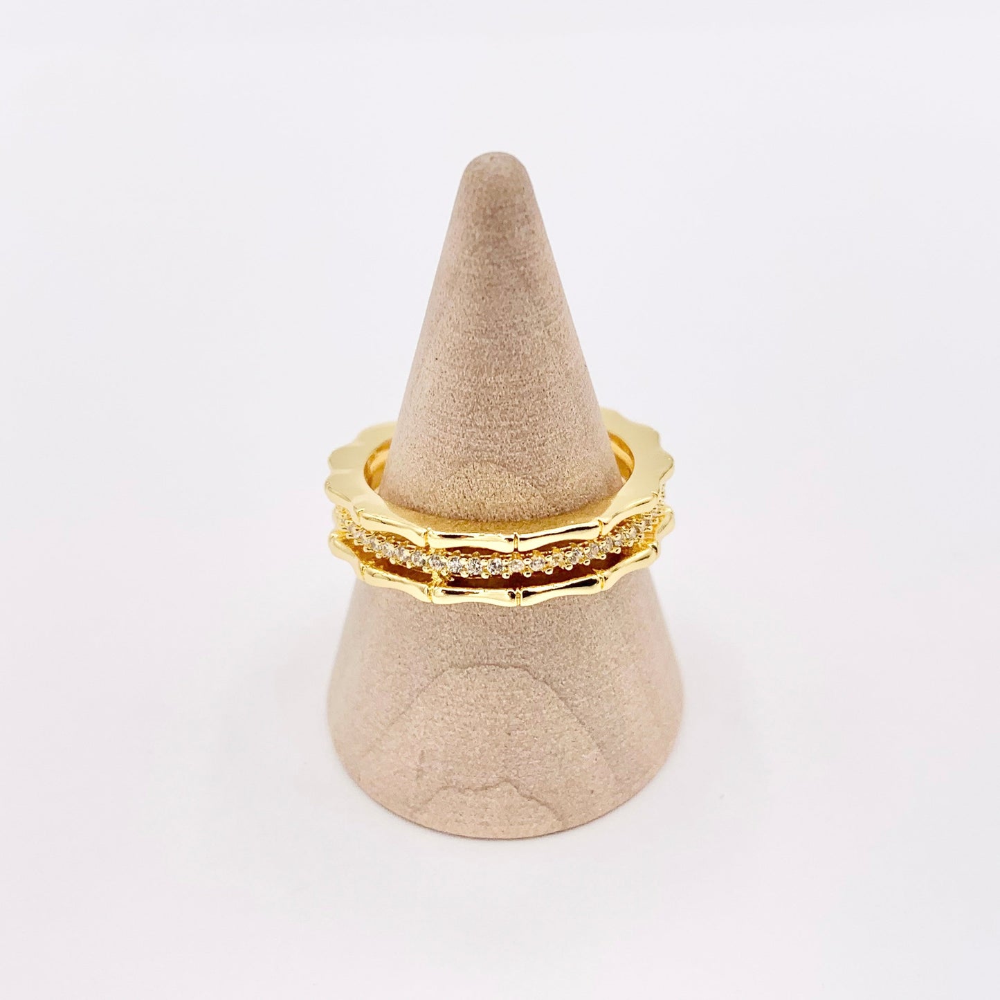 Delicate Bamboo CZ Triple Band Adjustable Ring in 18K Real Gold/Platinum Plated Copper 4pcs
