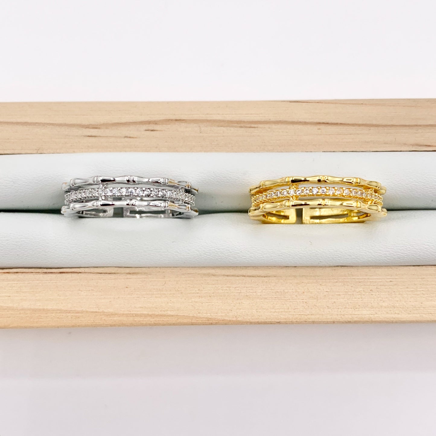 Delicate Bamboo CZ Triple Band Adjustable Ring in 18K Real Gold/Platinum Plated Copper 4pcs
