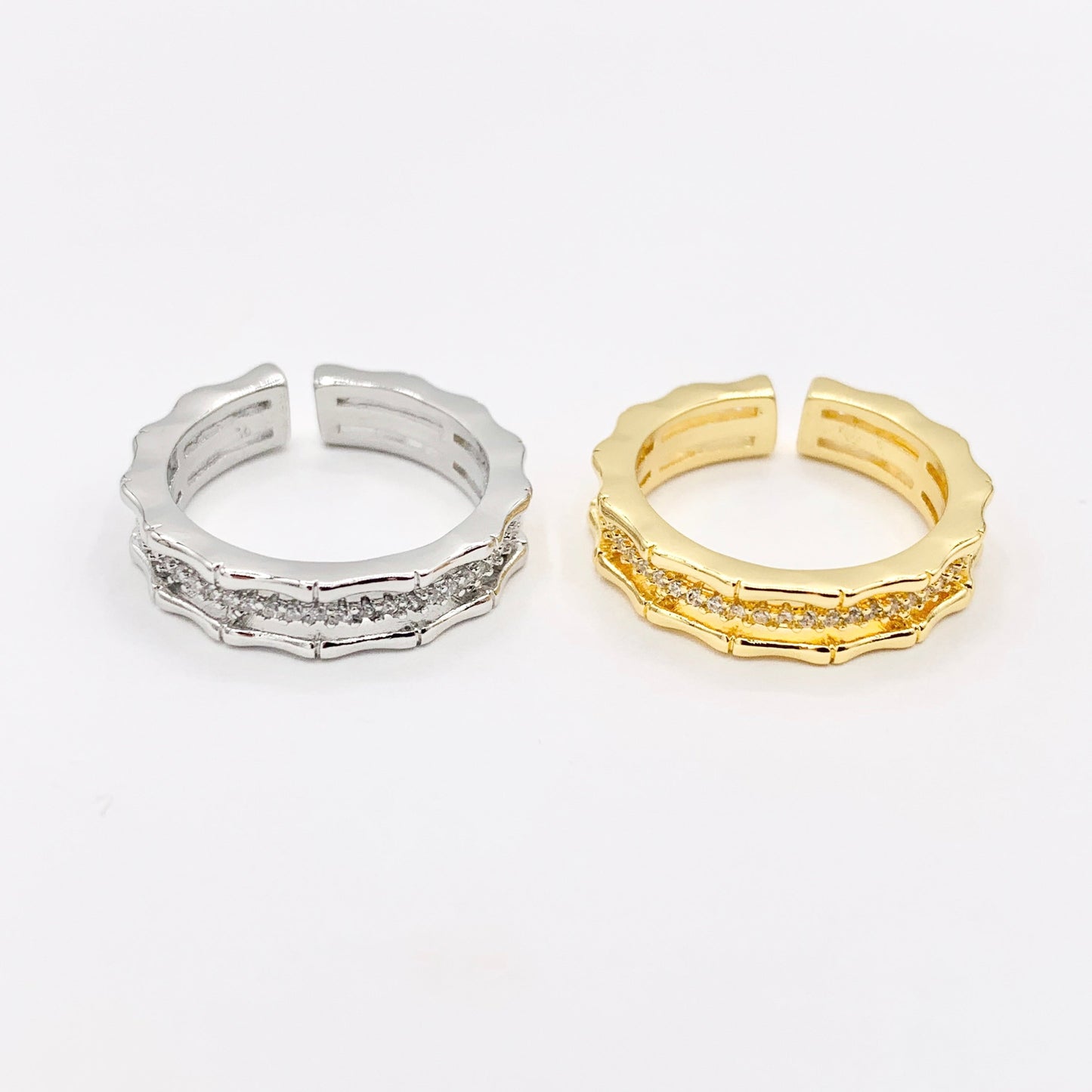 Delicate Bamboo CZ Triple Band Adjustable Ring in 18K Real Gold/Platinum Plated Copper 4pcs