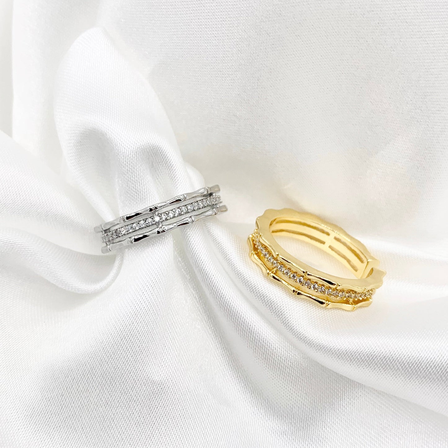 Delicate Bamboo CZ Triple Band Adjustable Ring in 18K Real Gold/Platinum Plated Copper 4pcs