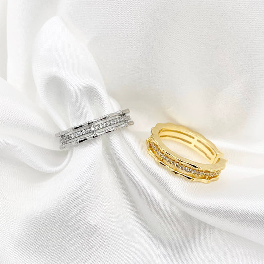 Delicate Bamboo CZ Triple Band Adjustable Ring in 18K Real Gold/Platinum Plated Copper 4pcs