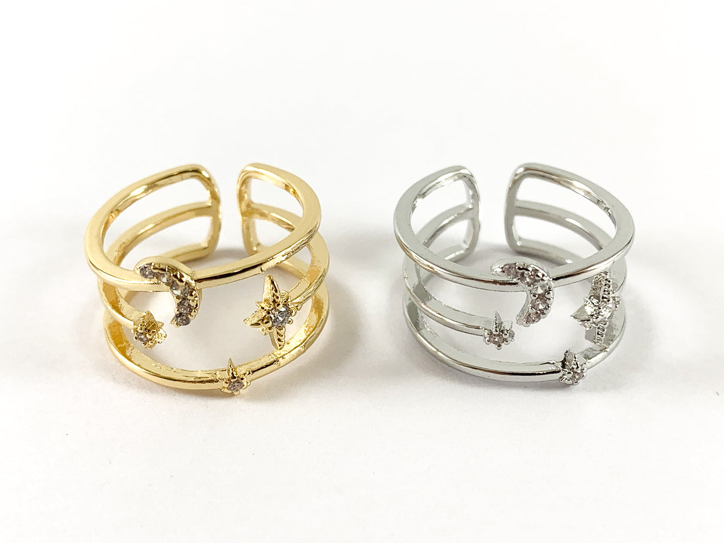 18K Real Gold/Platinum Plated CZ Pave Moon Star Triple Band Ring 5pcs