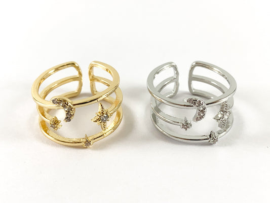 18K Real Gold/Platinum Plated CZ Pave Moon Star Triple Band Ring 5pcs