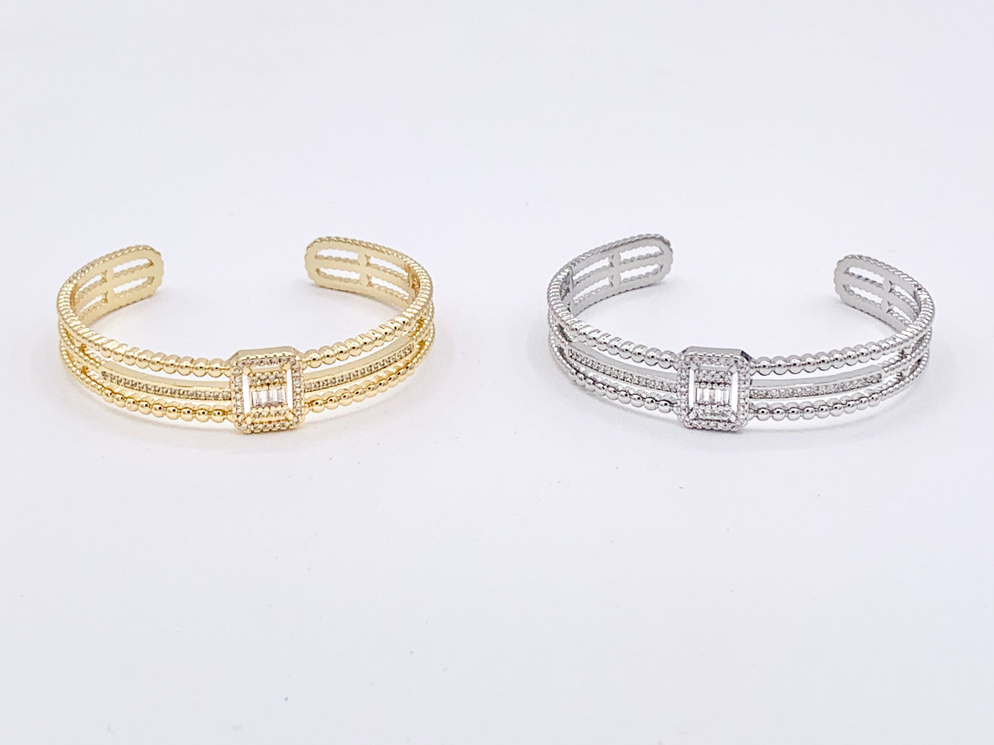 Statement Triple Layer CZ Pave Baguette Rectangle Vintage Style Bracelet in 18K Gold or Silver Plated Copper 1 pc