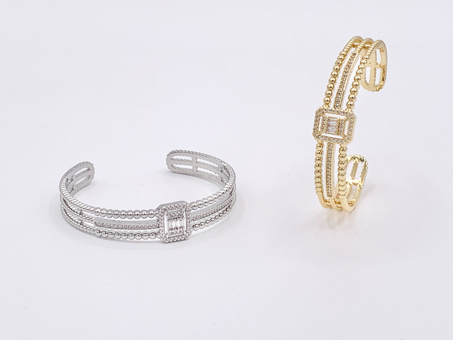 Statement Triple Layer CZ Pave Baguette Rectangle Vintage Style Bracelet in 18K Gold or Silver Plated Copper 1 pc