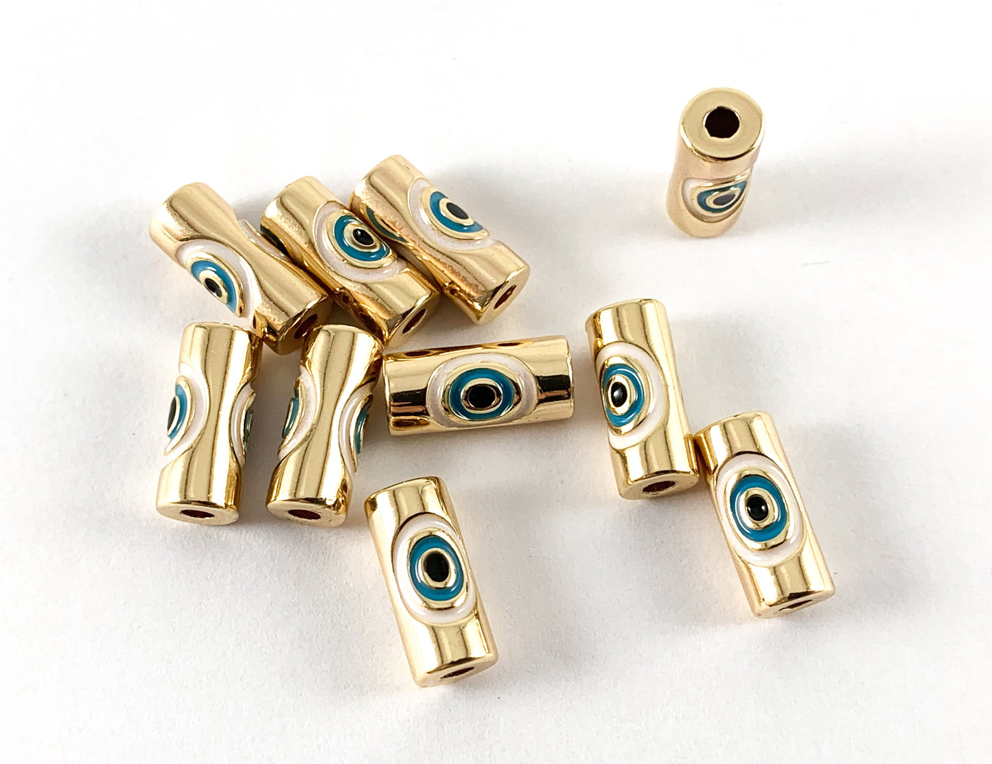 18K Gold Plated Brass Evil Eye Mini Tiny Cylinder Tube Beads 10pc