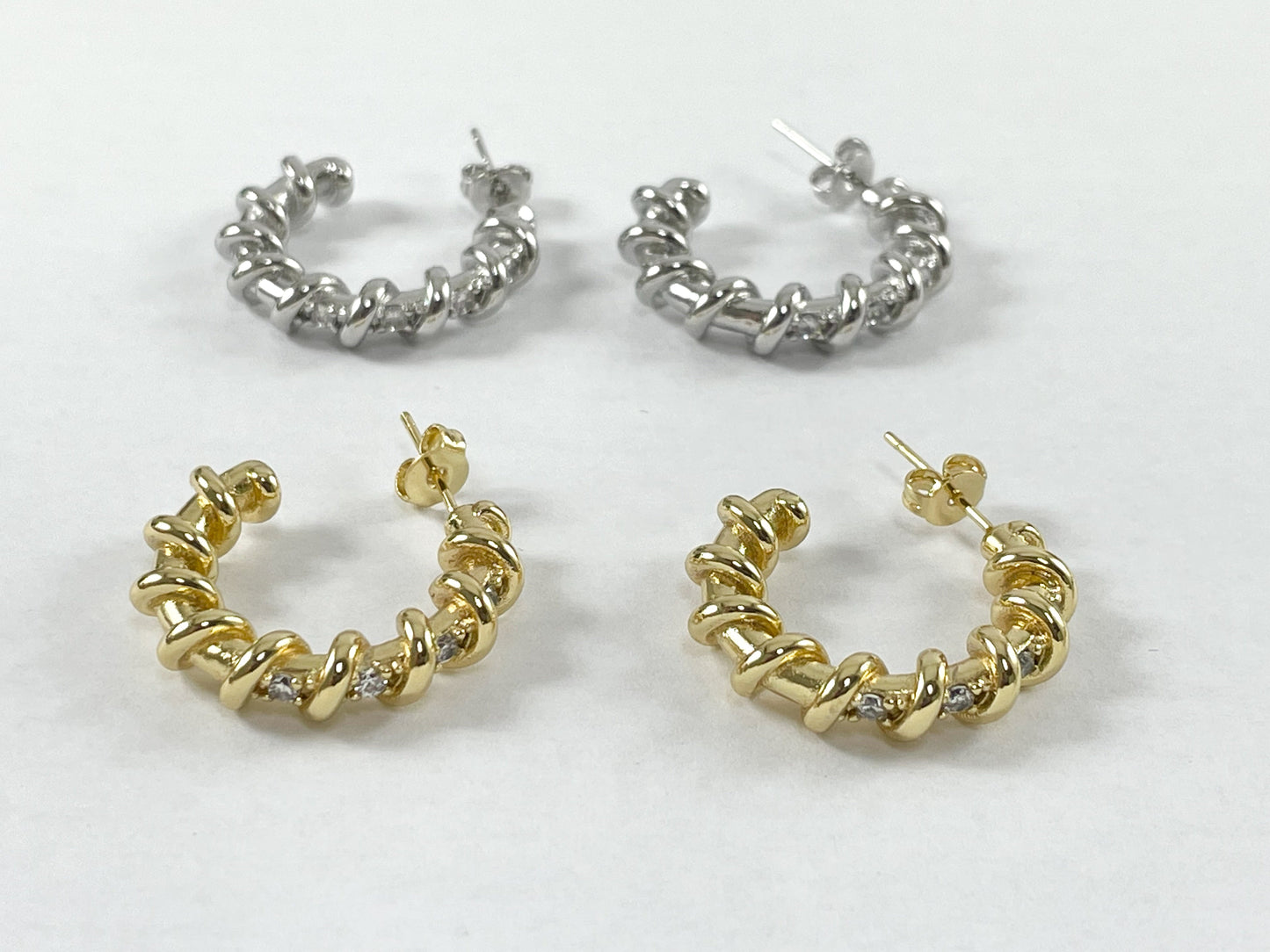 Real 18K Gold/Platinum Plated CZ Pave Circle Textured Twist Hoop Earring Over Copper 3 pairs