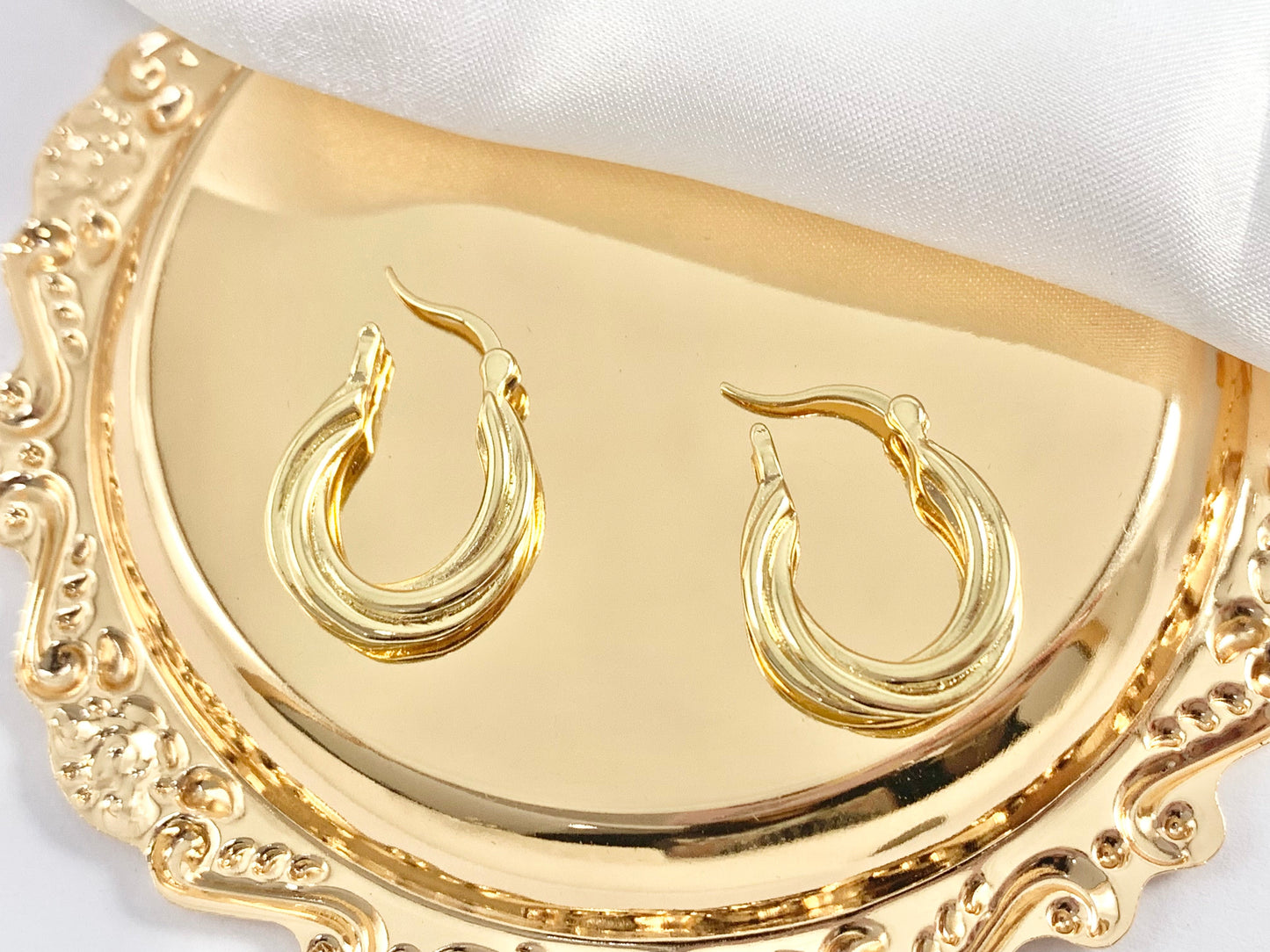 Simple Twisted Roped Thick Minimalist Circle Hoop Earring in Real 18K Gold Plated Over Copper 3 pairs