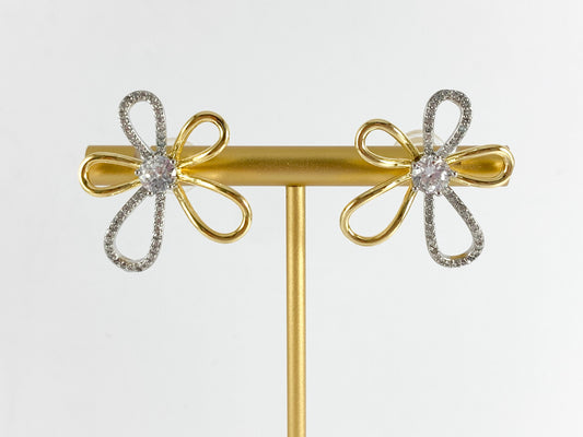 Two tone Rhinestone Flower CZ Pave Earring Studs in Gold/ Silver 18K Plating over Copper 2 pairs