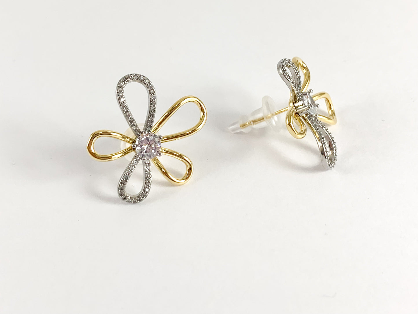 Two tone Rhinestone Flower CZ Pave Earring Studs in Gold/ Silver 18K Plating over Copper 2 pairs