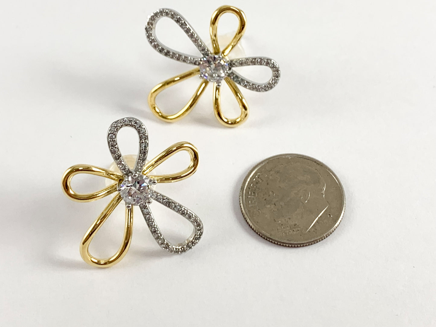 Two tone Rhinestone Flower CZ Pave Earring Studs in Gold/ Silver 18K Plating over Copper 2 pairs